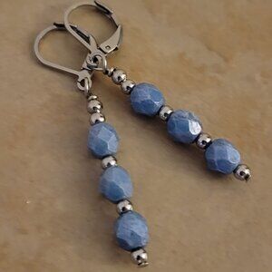 Denim Blue Czech Crystal Earrings Firepolished Stainless Leverback Earwires